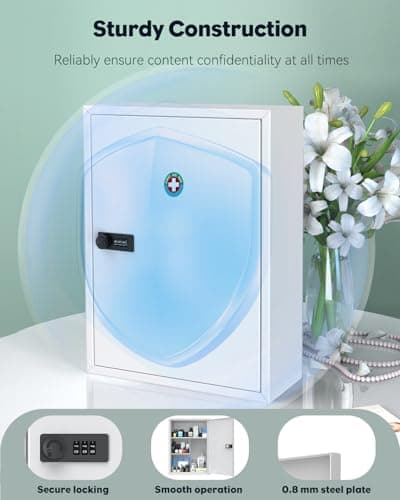 Uniclife Wall Mount Medicine Cabinet with Combination Lock, Locking First Aid Cabinet, Lockable Medical Cabinet, Large Capacity Medicine Organizer, Secure Steel Wall Cabinet Metal Storage Box, White — view 5