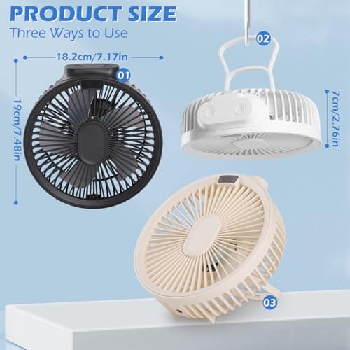 Hianjoo USB Desk Fan, Small Mini Table Fan with Remote Control, Quiet with Timer Function, Hanging Camping Fan with LED Light, 4 Speeds, Power Bank, LED Display, 4000mAh, Beige — view 6