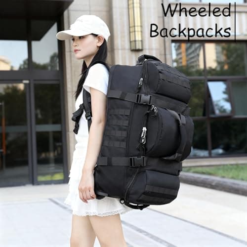 70L Wheeled Duffel Backpack Rolling Travel Bag Water Resistant Holdall with Hidden Straps Heavy Duty Foldable Sports Duffel Bag for Overnight Camping Beach Business Trip Storage (Black) — view 3
