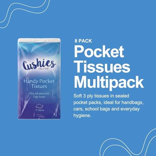 Cushies Pocket Tissues 8 Pack Multipack, 80 Soft 3 Ply Paper Hankies, Travel Size Tissue Pocket for Handbag, Car, School Bag, Ideal for Colds and Hay Fever — view 2