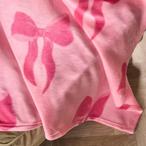 OHS Bow Print Fleece Blanket Pink Throw, Super Soft Warm Cosy Polar Throws for Sofas Bed Settee Decorative Throw Blanket Fluffy Single Bed Throws, Hot Pink - 120 x 150cm — view 2