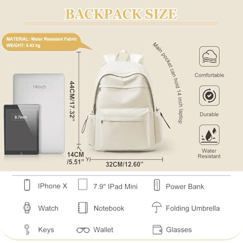WEPLAN School Backpack Womens Secondary School Bag for Girls Boys Teenage College Rucksack Bag for Women Lightweight Casual Daypacks Bookbag Waterproof 14 inch Laptop Backpack Work Travel,F3-Beige — view 2