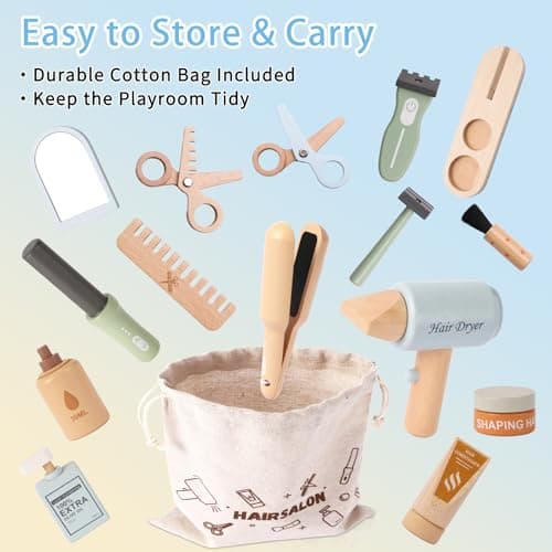 FIIOEOY Wooden Hairdresser Set for Kids Role Play Toys Kids Barber Shop Playset Hairdressing Set, Educational Montessori Hair Salon Pretend Play Kit Gift for 3 4 5 Year Olds Boys Girls — view 3