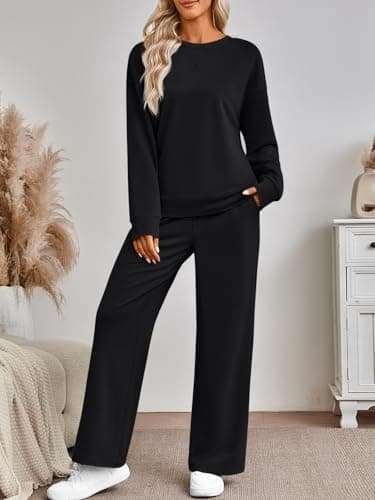 AUTOMET Womens Sweatsuits 2 Piece Sets Travel Outfits 2026 Fall Matching Lounge Set Oversized Sweatshirt Wide Leg Pants, Black, Medium — view 3
