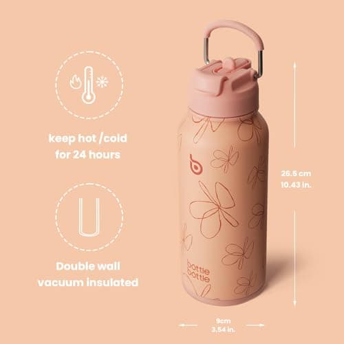 BOTTLE BOTTLE Insulated Water Bottle 950ml(32oz) Stainless Steel Sports Water Bottles with Straw Dual-use Lid Drink Flask Design for Gym with Pill Box (Yellow-Pinky Flower) — view 5