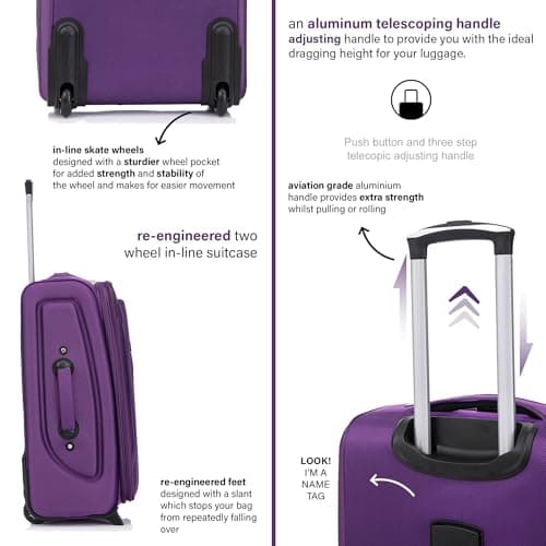 Aerostar Carry-on 20" Lightweight Soft Expandable Suitcase, Hand Luggage 2 Wheel & Combination Lock, 55x35x25cm | Accepted All Airlines Including British Airways (Purple, 32 litres) — view 3