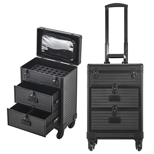 Warmiehomy Makeup Case Makeup Trolley Aluminium Professional Beauty Hairdressing Trolley on Wheels Makeup Organizer Suitcase Cosmetic Storage Box 2 Drawers for Beauty Salon Travel 35*23*49cm(Black)