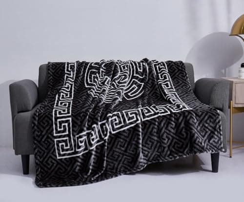 Flannel Throw with Greek Border Design - Plush Fleece for Ultimate Comfort and Warmth, For Nap, Home Office, Travel, Room Decor and perfect for New Year Gift (Black, Double: 150x200) — view 3