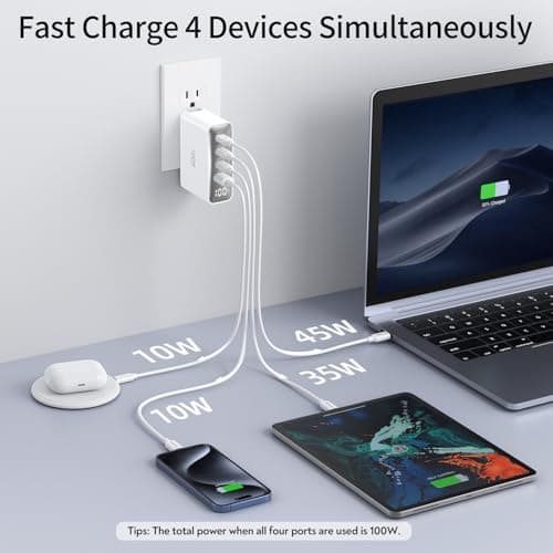 100W USB C Travel Charger, 4-Ports Foldable Travel Adapter Plug Converter with UK/EU/AU Plugs,Fast Charging for Macbook Pro/Air,for iPad Pro/iPhone 16/15 Pro Max, for Galaxy S24 S23, White — view 3