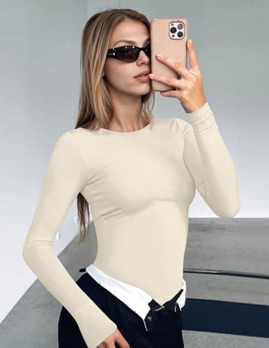 Ekouaer Womens 2 Pack Long Sleeve Tops Thermal Shirts Brown+Beige L — view 2