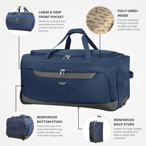 Rocklands® Lightweight Wheeled Holdall Large Duffle Trolley Suitcase Thick Heavy-Duty Cross Nylon EVA-Backed Front, Hard Base Travel Bag (Large - 32" (H82xW42xD40 cm), Navy) — view 2