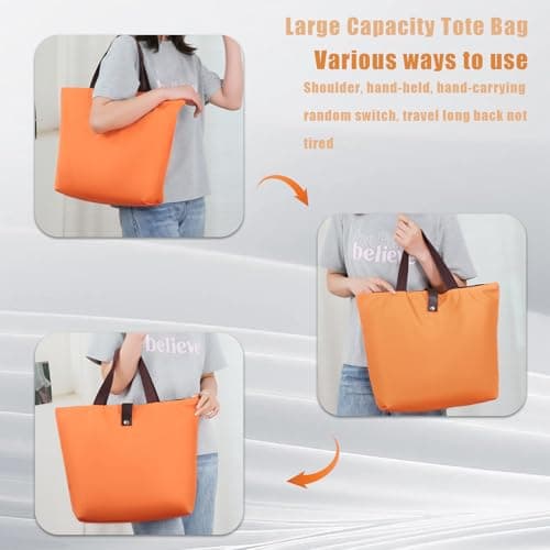 INCAUCA Reusable Grocery Tote Bag Foldable, Large Shoulder Tote Bag for Women Work with Zipper, Oxford Cloth Waterproof Shopping Beach Handbag for Gym Travel Vacation Overnight, Orange — view 5