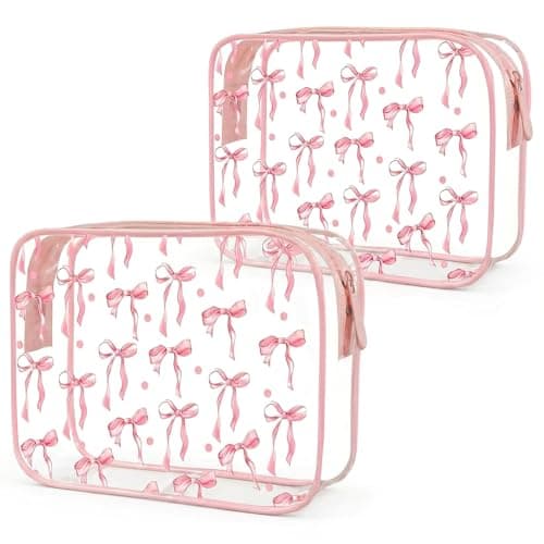 2 Pcs Clear Wash Bag with Pink Bow Pattern Transparent Toiletry Bag Water-Resistant Makeup Cosmetic Pouch for Travel Airport Security Liquids Holiday Organiser Set for Women Girls