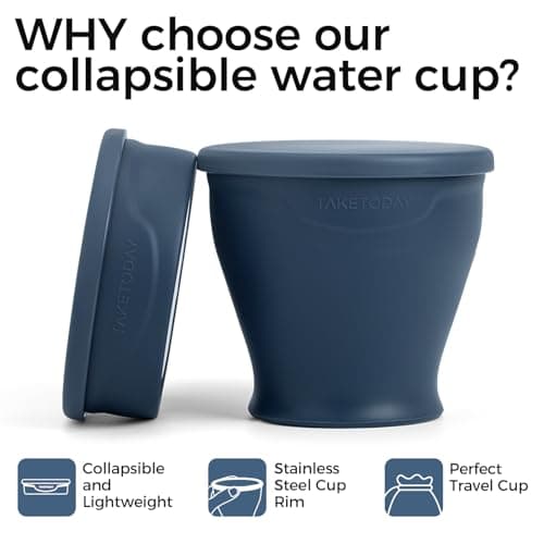 TakeToday Collapsible Travel Cup 8 Oz, Silicone Foldable Water Cup, BPA-Free with Lid & Waterproof Bag - Drinking Cup Set for Camping, Outdoors & International Travel, Navy — view 3