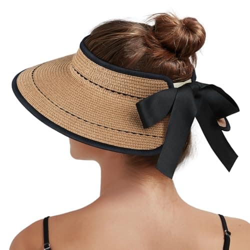 Creekstone Sun Visor Hats for Women Straw Visor Wide Brim UV Protection Packable Summer Beach Hat Ponytail Travel UPF 50+ (UK, Alpha, One Size, Khaki with Lace)