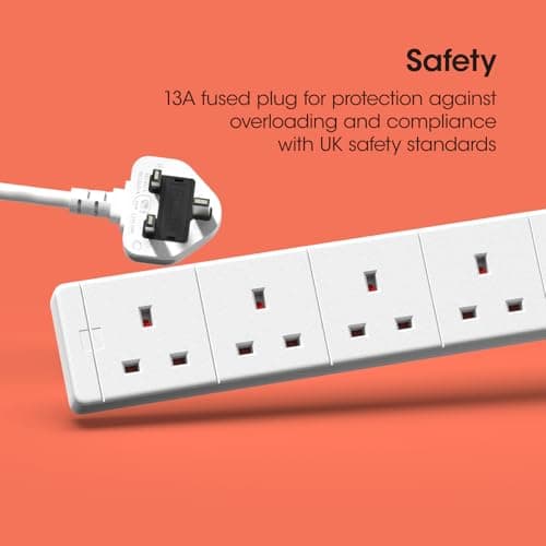 SLx Extension Lead 1m 6 Way Gang Socket 13A UK Plug 3 Pin Mains Power Extension Cord Compact Travel Power Strip White — view 6