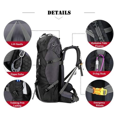 Bseash 60L Waterproof Hiking Camping Backpack with Rain Cover, Lightweight Outdoor Sport Travel Daypack Rucksack for Climbing Skiing — view 3