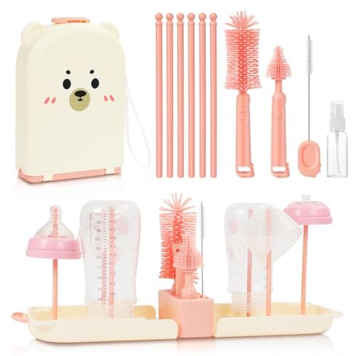 Vicloon 6 in 1 Baby Bottle Brush Set, Travel Bottle Cleaner Kit with Silicone Bottle/Nipple/Straw Brush, Soap Dispenser, and Drying Rack, Baby Travel Essentials (Pink)