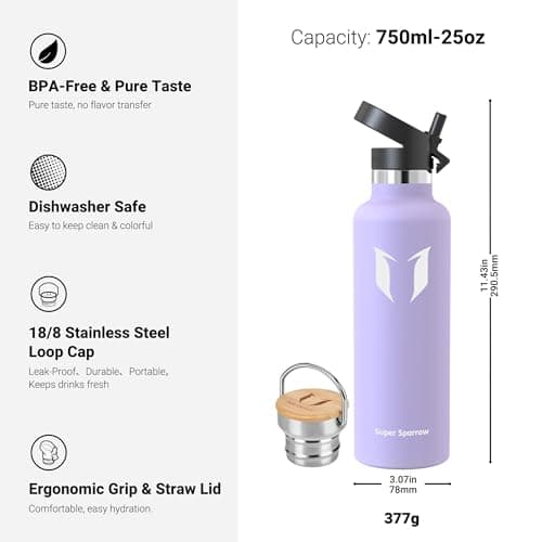 Super Sparrow Stainless Steel Water Bottle - 750ml - Vacuum Insulated Metal Water Bottle - Standard Mouth Flask - BPA Free - Straw Water Bottle for Gym, Travel, Sports — view 3
