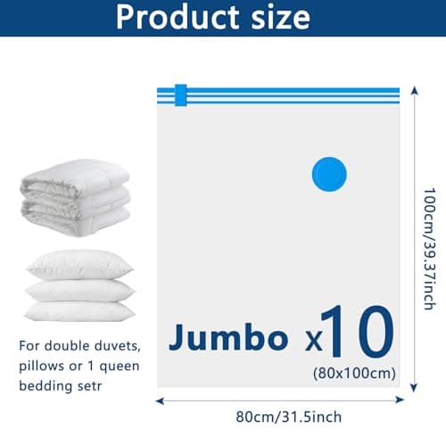 Vacuum Storage Bags - 10 Pack Jumbo (80X100cm) Space Saver Sealer Compression Bags, Reusable Vacuum Bags for Storage Clothes, Duvets, Bedding, Quilts, Pillows, Blankets, Travel — view 2