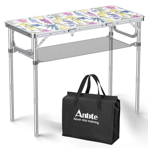 Anbte 3ft Folding Camping Table with Storage Net & bag, 3 Adjustable Height Max 27.5" Outdoor Folding Table Lightweight, Portable Handle for Outdoor Indoor Camping Beach RV Picnic, Blooming Floral