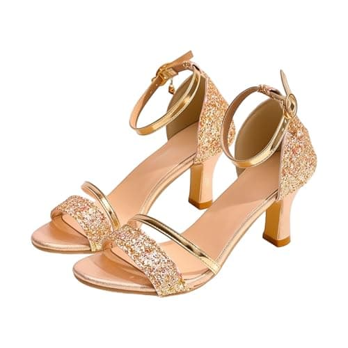 Womens Open Toe Block Heels Ladies High Heel Sandals Sparkly Summer Heeled Buckle Adjustable Elegant Retro Wide Platform Comfortable Casual Walking Outdoor Shoes (Gold, 5)