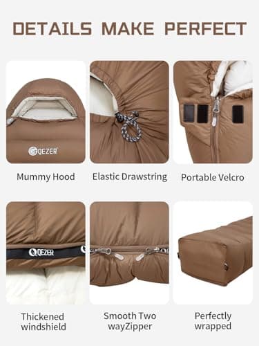 QEZER Winter Sleeping Bag for Adults, Lightweight Down Sleeping Bag -20 Degree C for Cold Weather Camping and Mountaineering Outdoor with 650 FP Duck Down (Coffee, 1500g down) — view 5