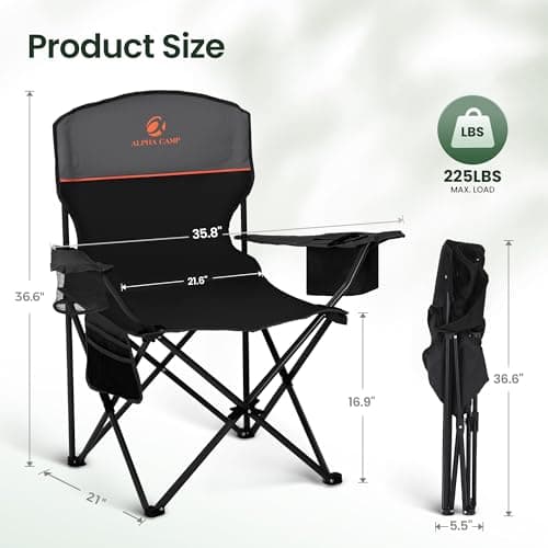 ALPHA CAMP Set of 2 Folding Camping Chairs, Camping Chair for Adults, Black — view 2