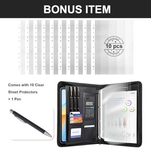Leathario Portfolio Folder A4, Vegan Leather 4-Ring Conference Folder, Includes 10 Clear Sheet Protectors and a Pen, Multi-Pocket Travel Document Holder, Folder Organiser, Office Supplies — view 4