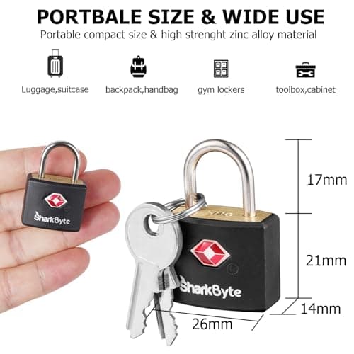 SharkByte TSA Approved Luggage Locks with Keys [2 Pack] Key Travel Locks, Suitcase Padlock, Small Keyed Luggage Locks, Gym Lockers, Laptop Bags, Suitcases, Backpacks, Travel Bags Zippers, Mini Locks — view 4