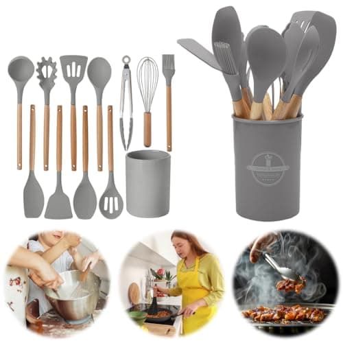 12 Pcs Kitchen Utensil Set, Silicone Cooking Utensils Set with Wooden Handle, Heat Resistant, Nonstick Cookware Tongs Spatula Spoon Set with Storage Bucket for Home, Camping, Dishwasher Safe (Grey) — view 6