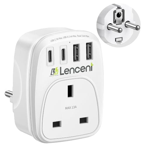 LENCENT 5-in-1 UK to European Travel Plug Adapter, USB-A＆USB-C, Type E/F