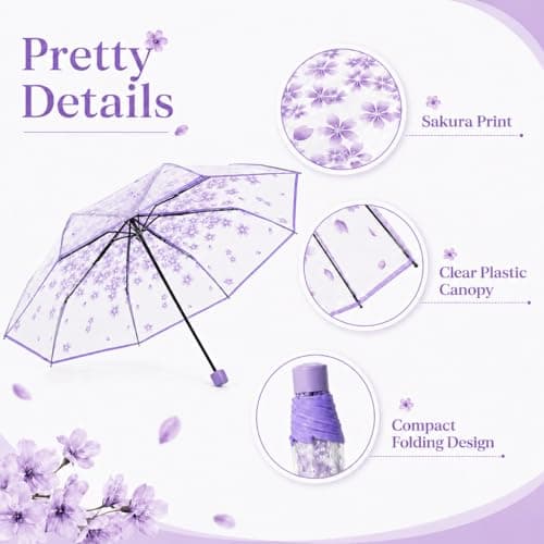 VIPOPICO Clear Umbrella for Women – Manual Open/Close Foldable Compact Travel Umbrella with Frosted Handle | Transparent See-Through Dome | Ideal for Weddings, Bridal Events & Daily Use(1, Purple) — view 2