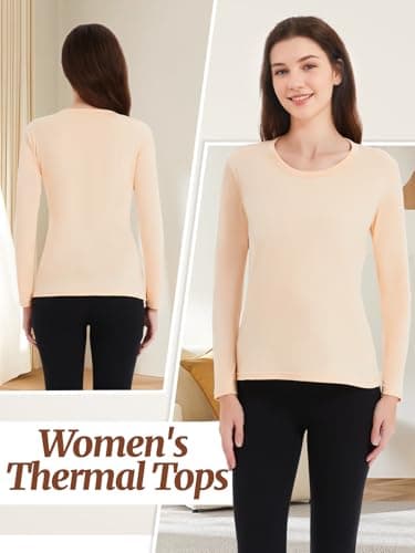Monbessi Women's Thermal Tops Scoop Neck Ladies Long Sleeve Thermal Vests Thermal Underwear Warm Wicking Thermal Base Layers(L, Beige) — view 2