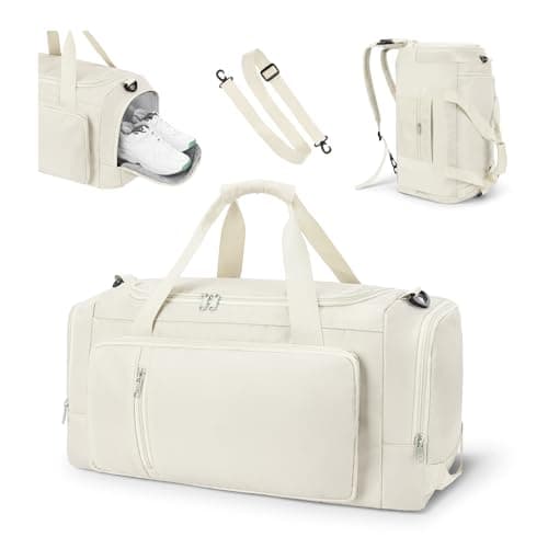 Sports Gym Bag Duffle Bag with Shoes Compartment for Womens Mens, CS COSDDI Weekend Travel Bag Overnight Bag with Wet Pocket, Luggage Bag Hospital Bag Holdall Bags with Shoulder Strap Backpack (Beige)