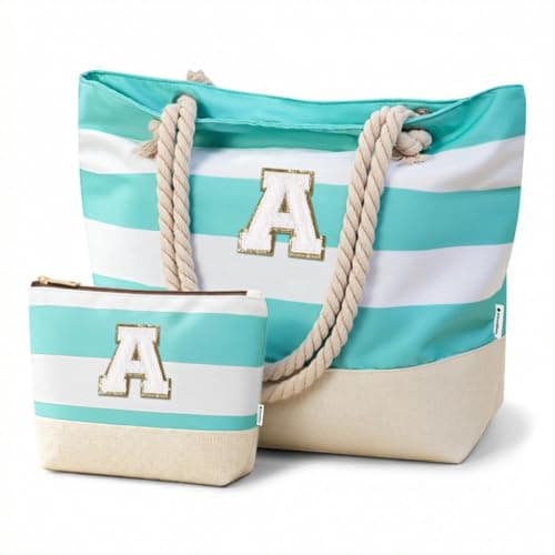 Vavabox Initial Beach Bag with Zip&Pockets, Personalised Gifts for Women(A)