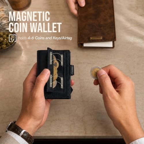 YESIIW Slim Wallet Pop-up Card Case for 9 Cards, Card Wallet with RFID Protection, Men's Wallet with XL Coin Compartment (Shiny Black, XL Coin Compartment), 004-Black, Magnetisch Münzfach, Minimalist — view 5
