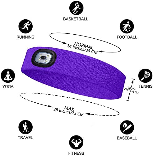ATNKE LED Lighted Headband, USB Rechargeable Running Hat Ultra Bright 4 LED Waterproof Light Lamp Headlamp High Stretch Moisture Wicking Multi-Color/Purple — view 2