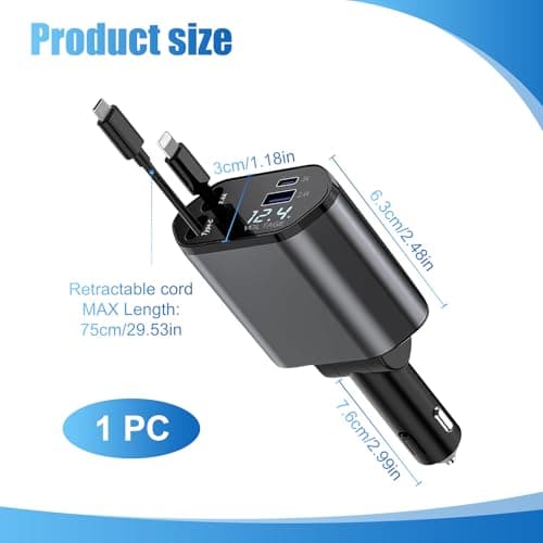 Retractable Car Charger, 4-in-1 Car Phone Charger 120W Fast Charge with 2 Retractable Cables and 2 USB Ports, Dual USB Ports Car Cigarette Lighter Adapter for Phone, Tablets, Multifunctional — view 2