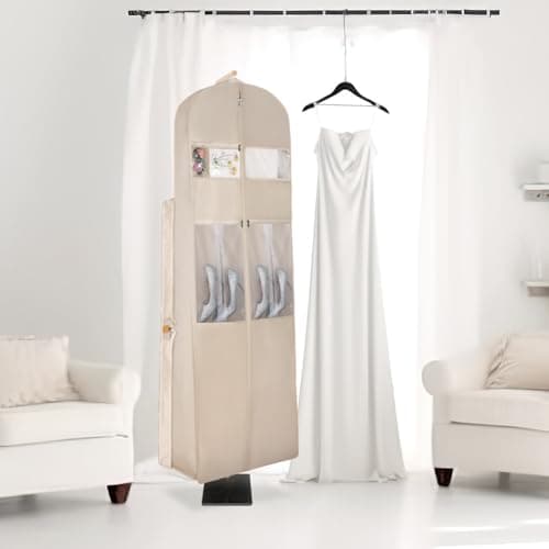 Syeeiex Wedding Dress Bag, Carry On Garment Bag Dress Cover 72 Inch Dress Carrier with Large Pockets & PVC Transparent Window, Breathable Dress Carriers for Women Travel for Wedding and Feast, Cream — view 5