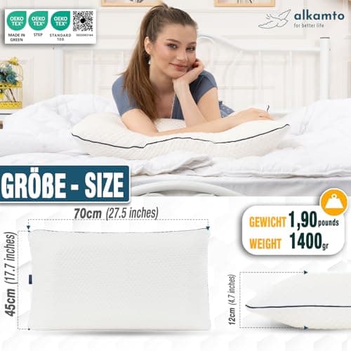 alkamto Memory Foam Pillow 70x45 cm – Ergonomic Neck Support Pillow – Oeko-Tex Certified – Breathable & Thermoregulating Cover – Hypoallergenic & Washable – Ideal for Back & Side Sleepers — view 2