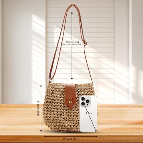 Bototack Straw Beach Bag for Women, Small Summer Crossbody Bag with Zipper, Bohemian Weave Handmade Shoulder Handbags for Beach Vocation Holiday (Khaki) — view 5