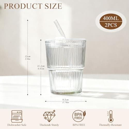 Tel Charme * 2 Pack 400ml Glass Tumbler with Lid & Straw Iced — view 2
