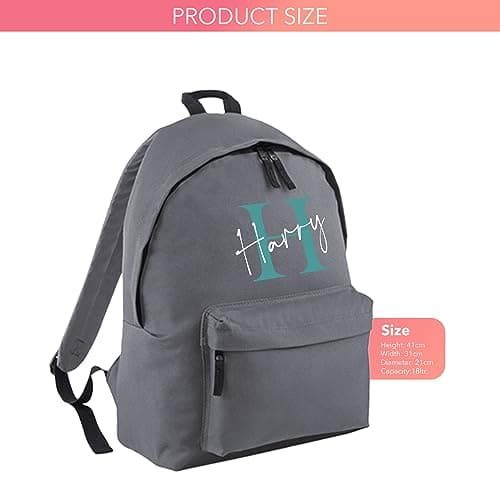 Print Maniacs Personalised Any Name Large 18L Kids Travel Backpack Junior Shoulder Collage Rucksack School Lunch Swimming P.E Laptop Book Bag (Grey, Teal/White) — view 2