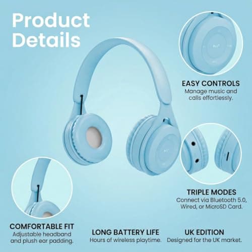 Kids Wireless Headphones Bluetooth 5.0, 60H Play Time, 74/85 dBA, Blue — view 5