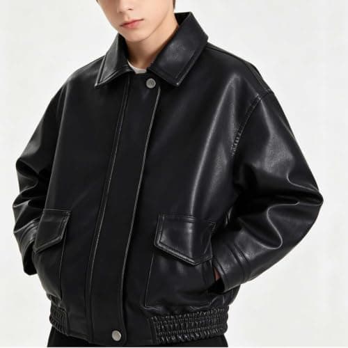 TTHVYE Kids Outdoor Casual Jacket Boys Girls Faux Leather Long Sleeve Zippered Lapel Vintage Biker Style Warm Top for Children Age 1-13 Years Windproof Athletic Daily Travel School Walking​ — view 3