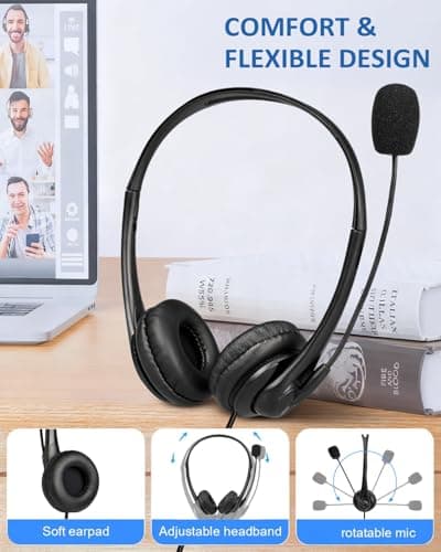LINNIW USB Headset with Microphone for PC Laptop, 3 in 1 Wired Headphones with Noise Cancelling Mic & Audio Controls, Adjustable Headset for Office, Call Center, Online Classes, Teams, Zoom, Skype — view 4