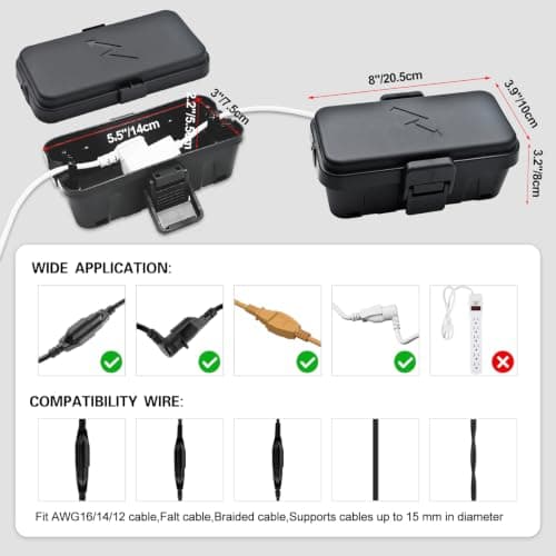 Hrensaw Small Weatherproof Electrical Connection Box(Inner 5.5 x 3 x 2.2inch),Outdoor Electrical Box,Waterproof Extension Cord Covers for Plug, Extension Cables, Holiday Lights,Black — view 2