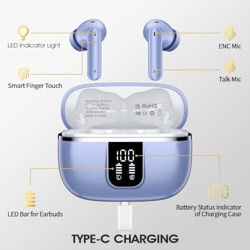 Wireless Earbuds, Bluetooth 5.4 Headphones with 4 Noise Cancelling Mic, 46H In-Ear Buds with 3D Bass Stereo Sound, Small Ears, LED Display, Calls Sports Workout, IPX7 Earphones for Android iOS. Blue — view 5