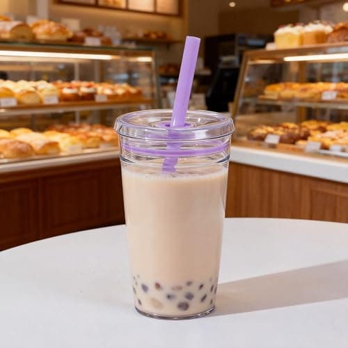 Yisituo 2 Pack 450ml Clear Plastic Iced Coffee Travel Cups, Reusable with Lids and Straws, for Cold Hot Beverages (2, Purple, Blue) — view 3